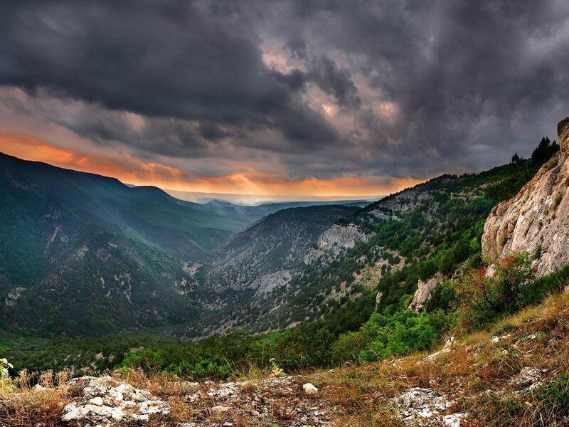 Mountain Valley Landscape — Green, Dramatic, Sunset, Photograph, Mountains, Clouds, Trees