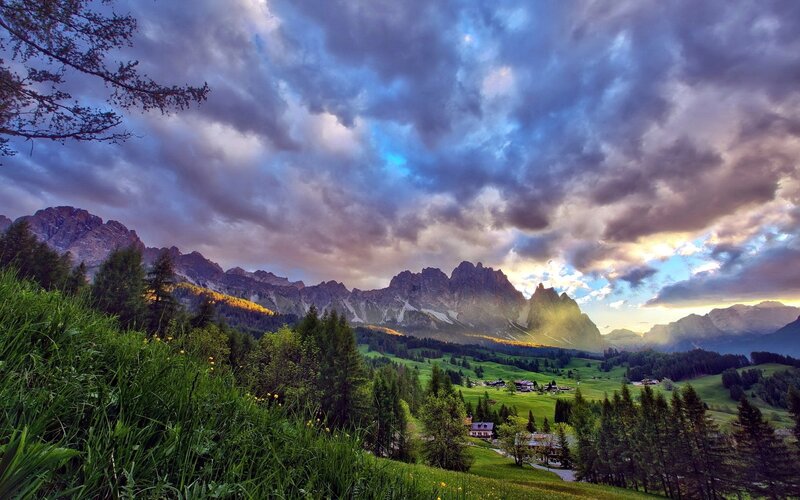 Mountain Valley Landscape — Green, Dramatic, Sunset, Photograph, Mountains, Clouds, Trees, Village