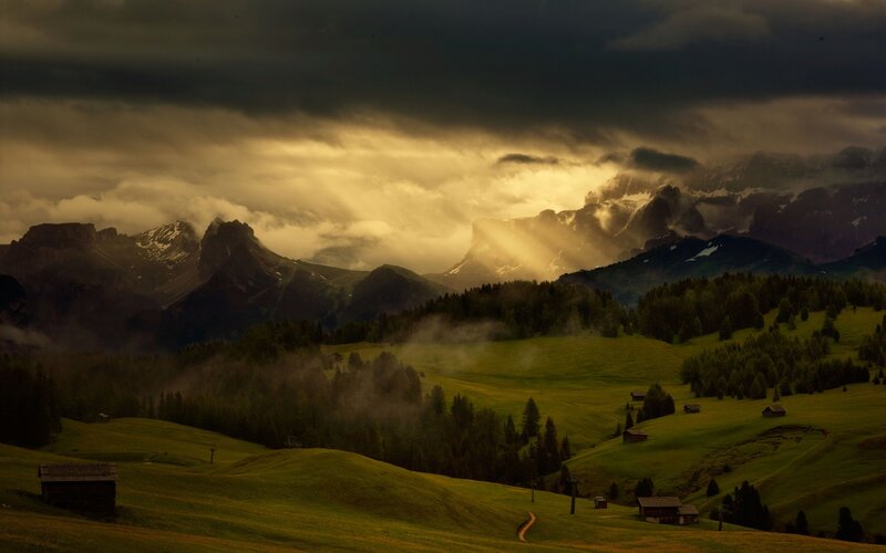 Mountain Valley Landscape — Green, Dramatic, Sunset, Photograph, Mountains, Forests