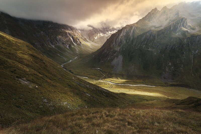 Mountain Valley Landscape — Green, Dramatic, Sunset, Photograph, Mountains, River