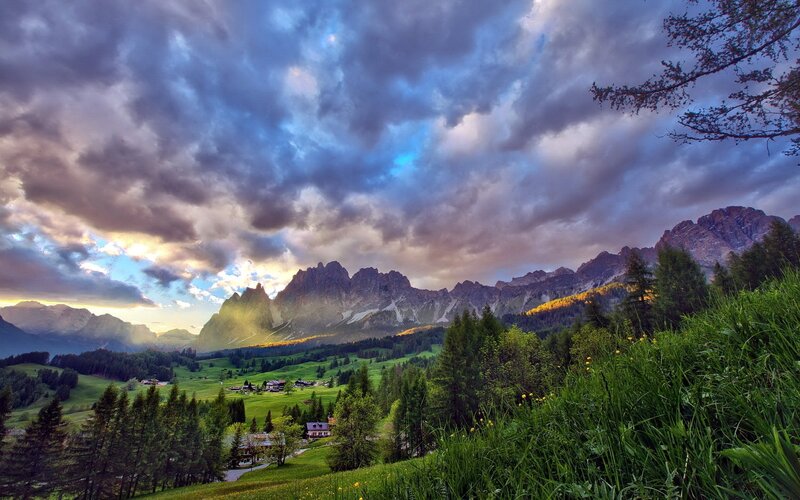 Mountain Valley Landscape — Green, Dramatic, Sunset, Photograph, Mountains, Trees