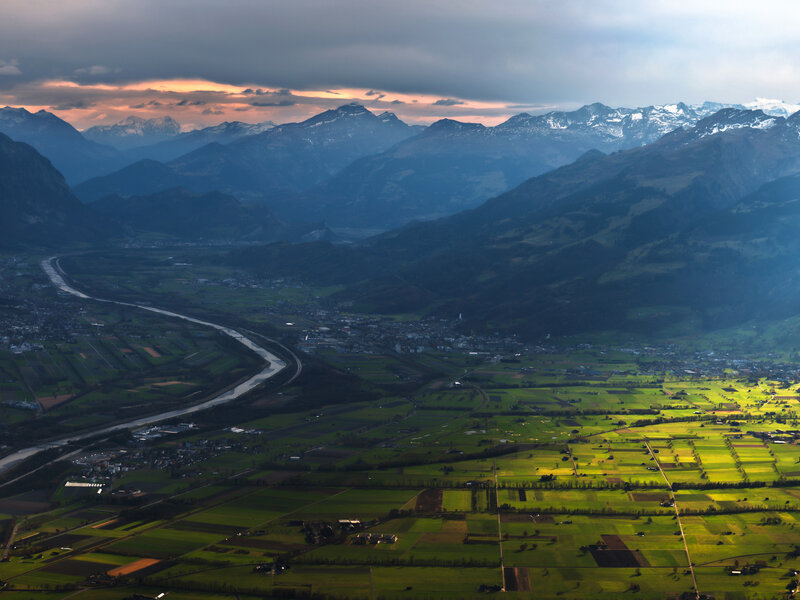 Mountain Valley Landscape — Green, Dramatic, Sunset, Photograph, River