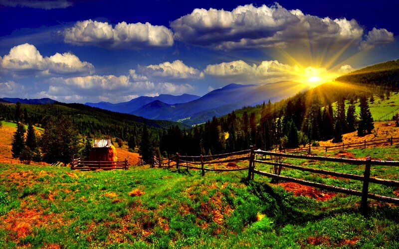 Mountain Valley Landscape — Green, Dramatic, Sunset, Photograph, Sun