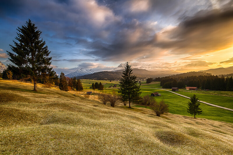 Mountain Valley Landscape — Green, Dramatic, Sunset, Photograph, Trees