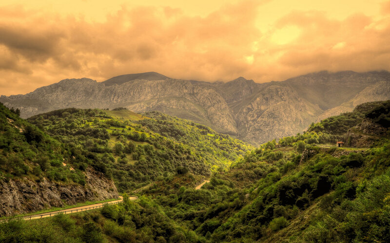 Mountain Valley Landscape — Green, Dramatic, Sunset