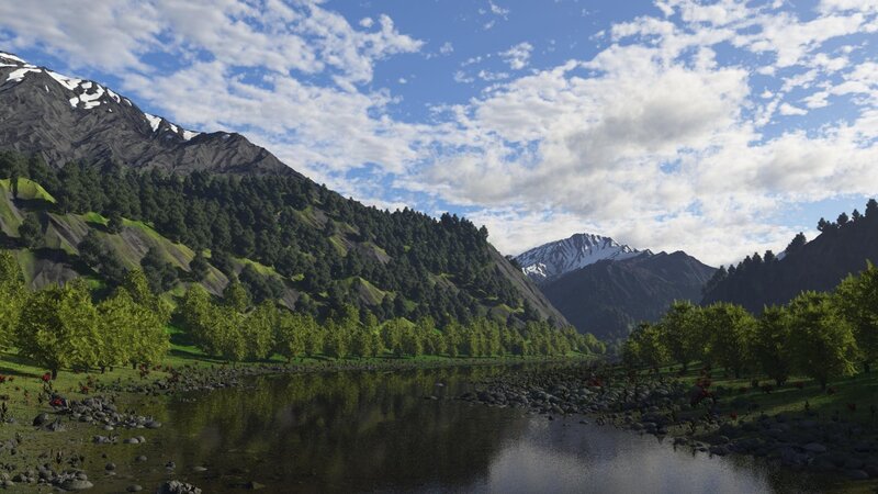 Mountain Valley Landscape — Green, Serene, Afternoon, 3d Render, River