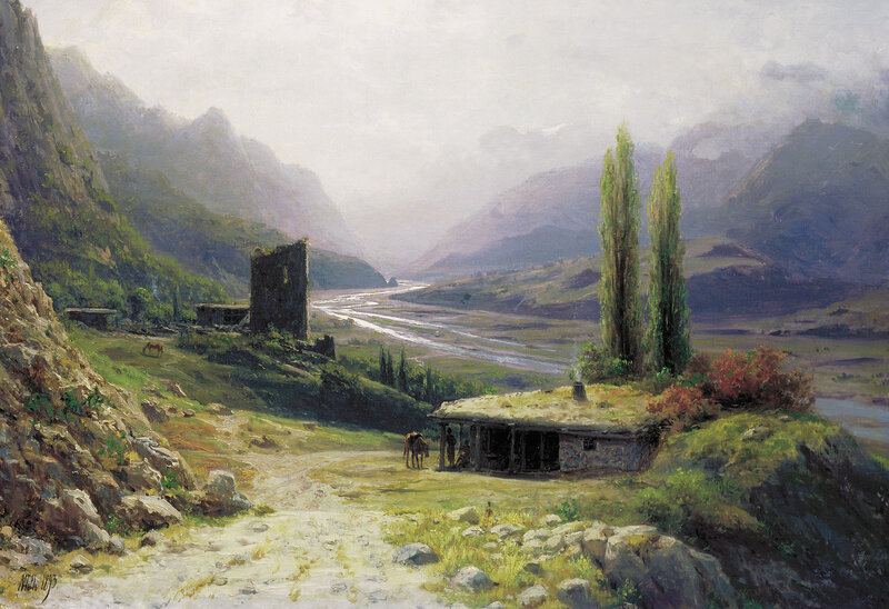 Mountain Valley Landscape — Green, Serene, Afternoon, Painting, River, Ruins, Hut