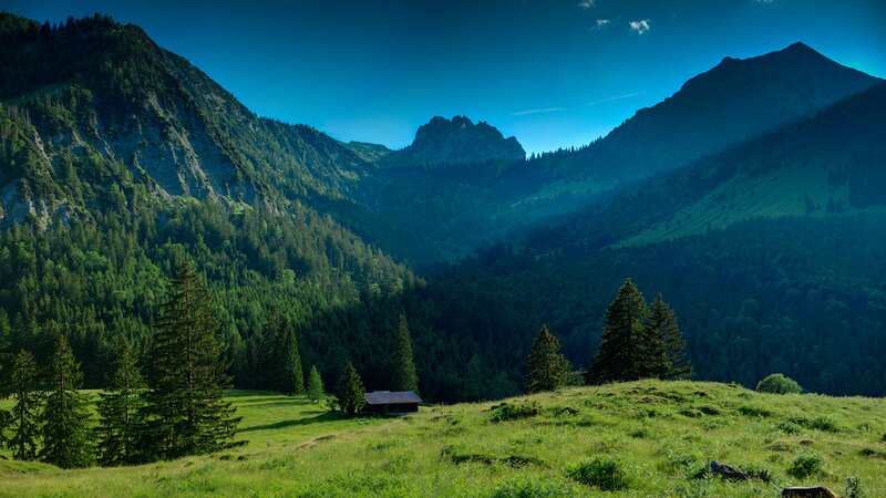 Mountain Valley Landscape — Green, Serene, Afternoon, Photograph, Forest, Hut, Trees, Blue