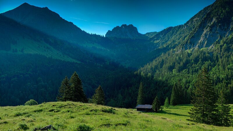 Mountain Valley Landscape — Green, Serene, Afternoon, Photograph, Forest, Hut, Trees, Mountains