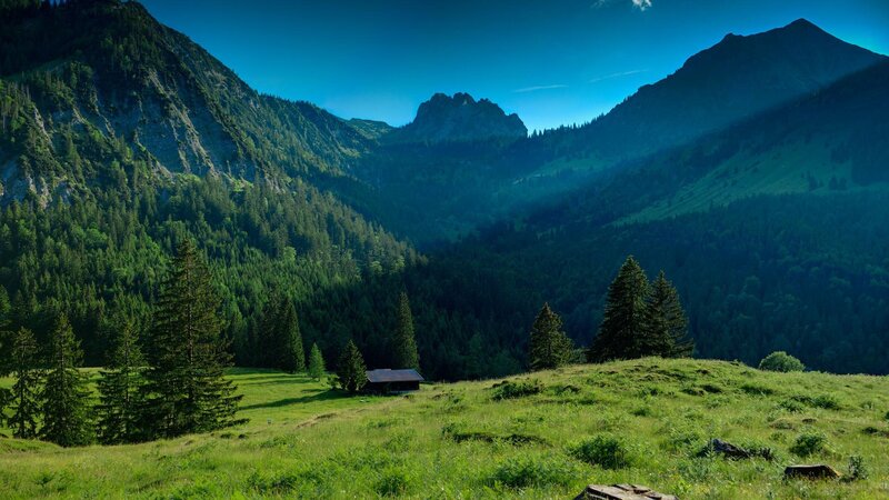 Mountain Valley Landscape — Green, Serene, Afternoon, Photograph, Forest, Hut, Trees