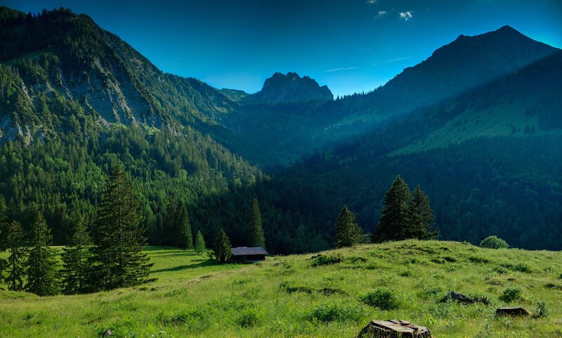 Mountain Valley Landscape — Green, Serene, Afternoon, Photograph, Forest, Mountains, Cabin