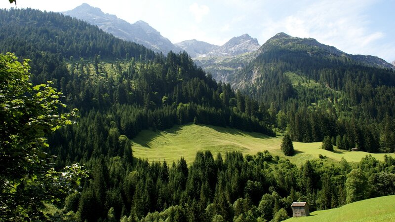 Mountain Valley Landscape — Green, Serene, Afternoon, Photograph, Forests, Grass Fields, Hut