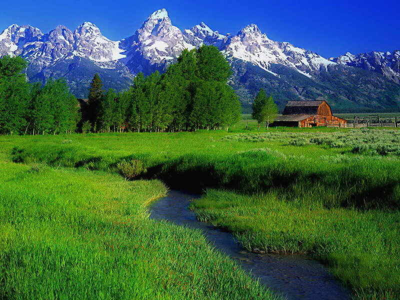 Mountain Valley Landscape — Green, Serene, Afternoon, Photograph, Mountains, Barn