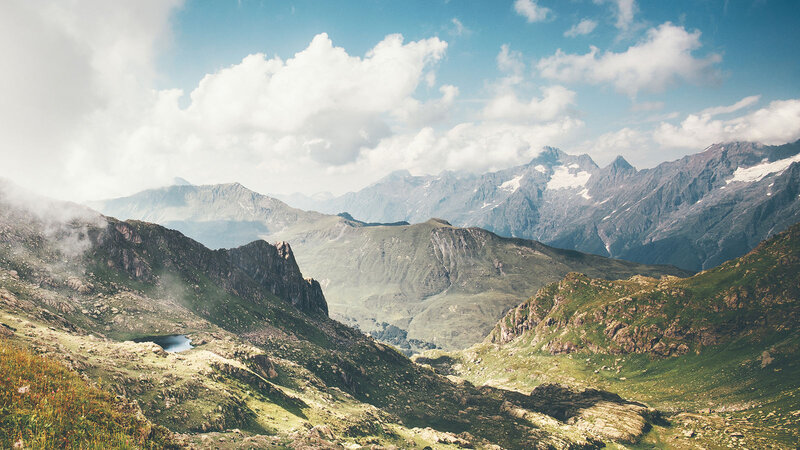 Mountain Valley Landscape — Green, Serene, Afternoon, Photograph, Mountains, Clouds