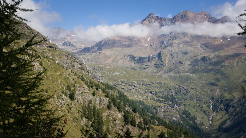 Mountain Valley Landscape — Green, Serene, Afternoon, Photograph, Mountains, Clouds, Trees, Blue