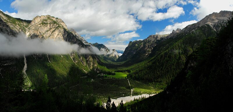 Mountain Valley Landscape — Green, Serene, Afternoon, Photograph, Mountains, Forest, Clouds, Blue