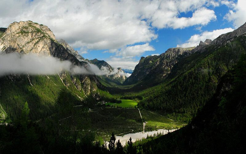 Mountain Valley Landscape — Green, Serene, Afternoon, Photograph, Mountains, Forest, Clouds, River