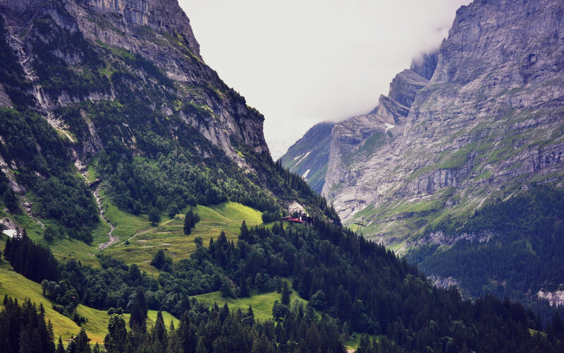 Mountain Valley Landscape — Green, Serene, Afternoon, Photograph, Mountains, Forest, Clouds