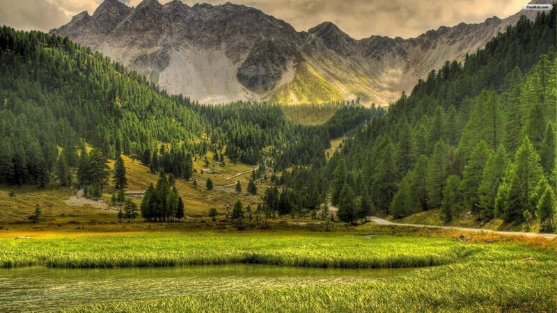 Mountain Valley Landscape — Green, Serene, Afternoon, Photograph, Mountains, Forest, Lake