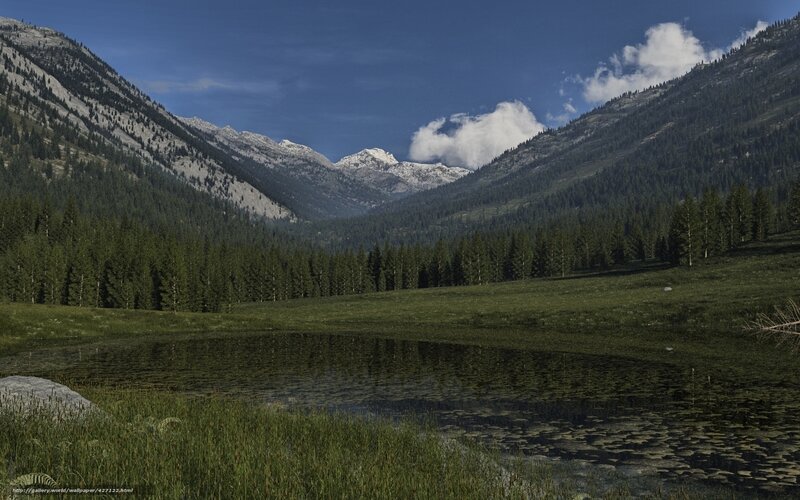 Mountain Valley Landscape — Green, Serene, Afternoon, Photograph, Mountains, Forest, Pond