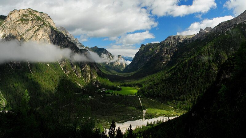 Mountain Valley Landscape — Green, Serene, Afternoon, Photograph, Mountains, Forest, River, Clouds, Blue