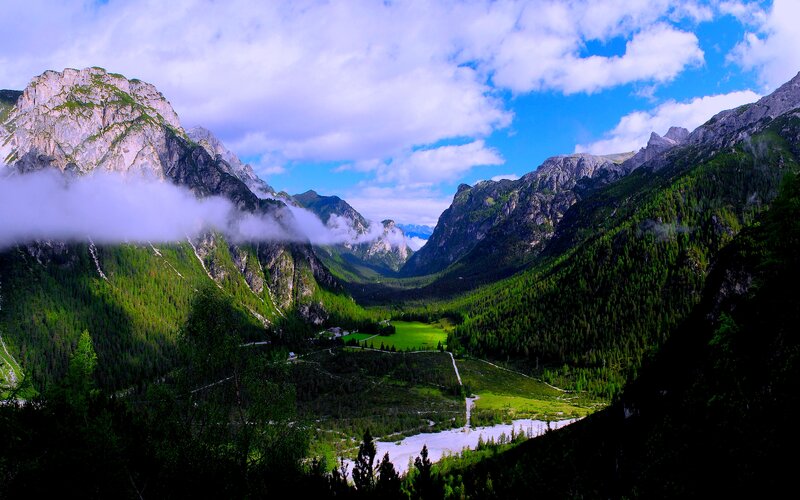 Mountain Valley Landscape — Green, Serene, Afternoon, Photograph, Mountains, Forest, River, Clouds