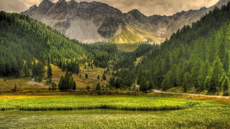 Mountain Valley Landscape — Green, Serene, Afternoon, Photograph, Mountains, Forest, River