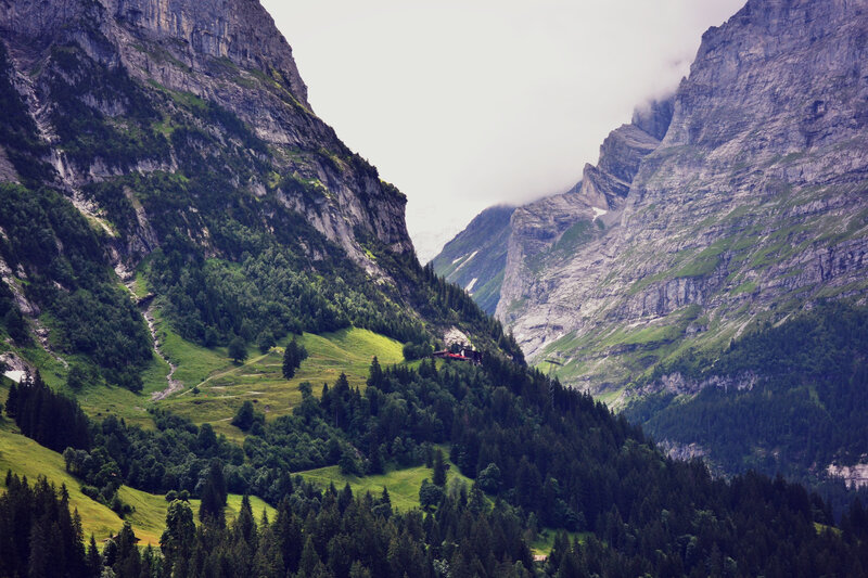 Mountain Valley Landscape — Green, Serene, Afternoon, Photograph, Mountains, Forest, Train