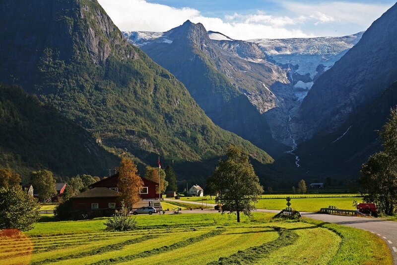 Mountain Valley Landscape — Green, Serene, Afternoon, Photograph, Mountains, Glacier