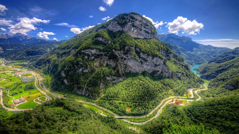 Mountain Valley Landscape — Green, Serene, Afternoon, Photograph, Mountains, River, Road, Clouds
