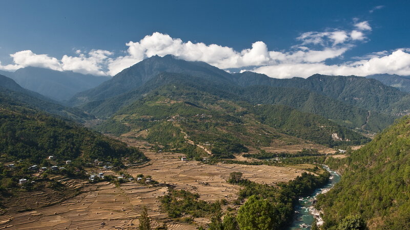 Mountain Valley Landscape — Green, Serene, Afternoon, Photograph, Mountains, River, Terraced Fields