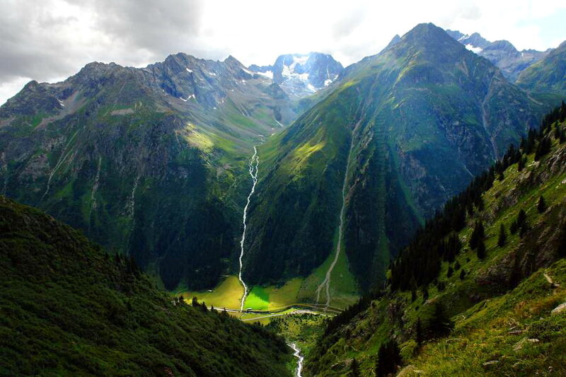 Mountain Valley Landscape — Green, Serene, Afternoon, Photograph, Mountains, River