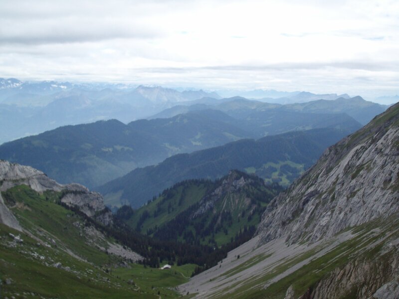 Mountain Valley Landscape — Green, Serene, Afternoon, Photograph, Mountains, Trees, Clouds, Gray