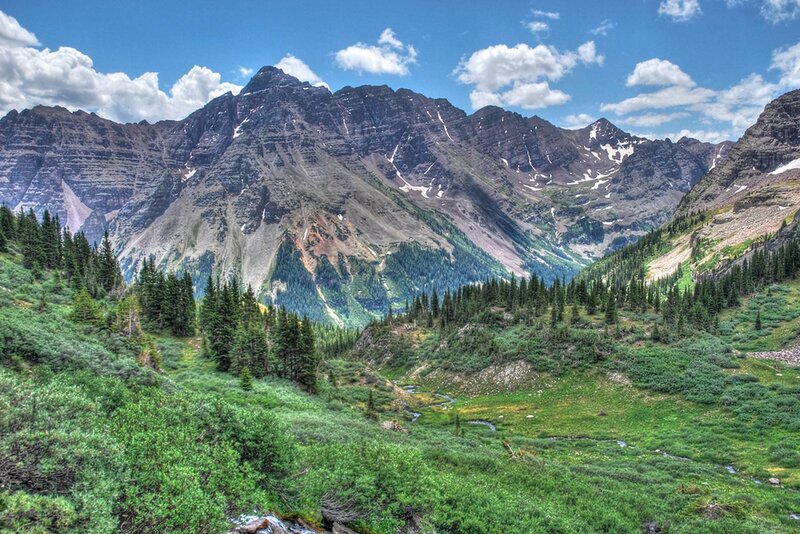 Mountain Valley Landscape — Green, Serene, Afternoon, Photograph, Mountains, Trees, Stream