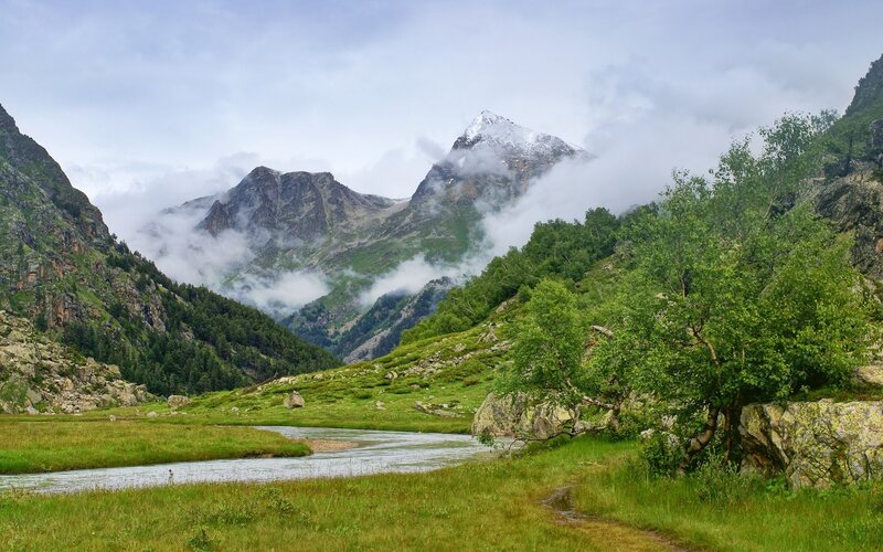 Mountain Valley Landscape — Green, Serene, Afternoon, Photograph, River, Trees