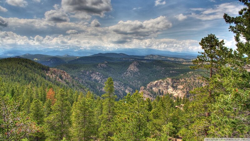 Mountain Valley Landscape — Green, Serene, Afternoon, Photograph, Trees, Clouds, Rock Formations