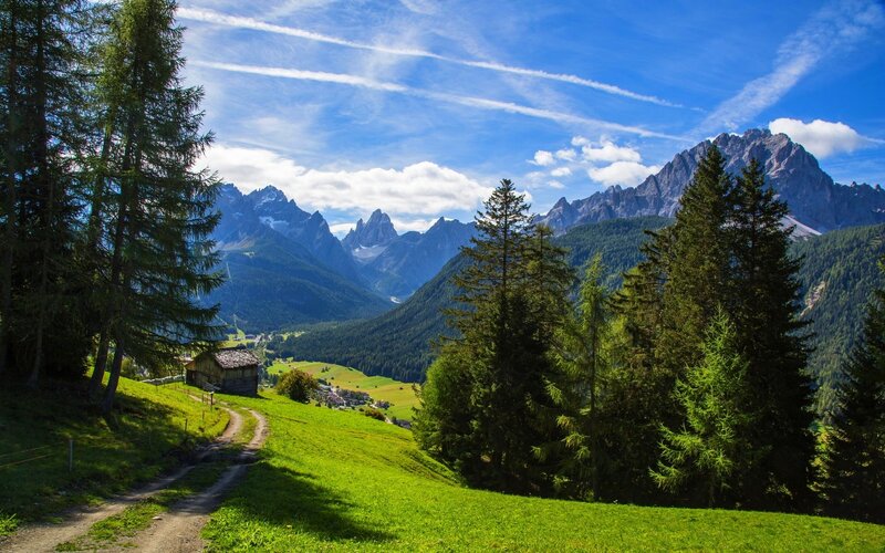 Mountain Valley Landscape — Green, Serene, Afternoon, Photograph, Trees, Hut