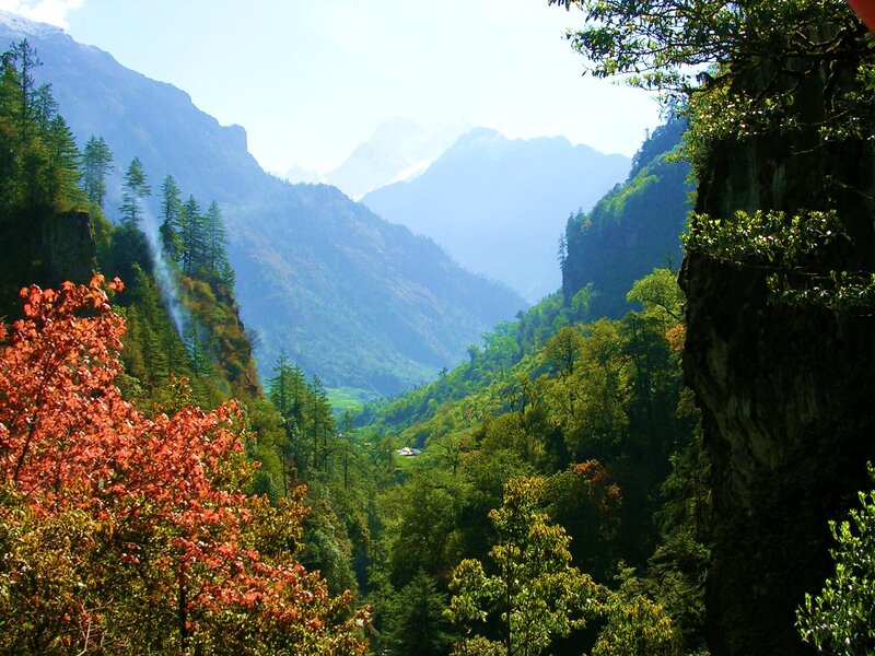 Mountain Valley Landscape — Green, Serene, Afternoon, Photograph, Trees, Mountains, Blue