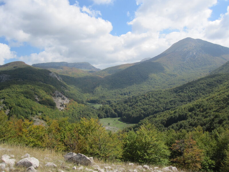 Mountain Valley Landscape — Green, Serene, Afternoon, Photograph, Trees, Rocks, Clouds