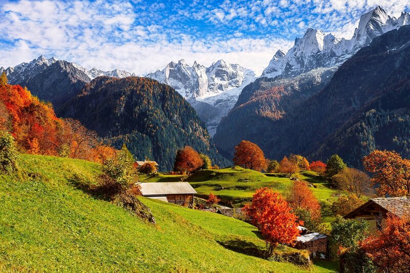 Mountain Valley Landscape — Green, Serene, Autumn, Photograph, Trees, Huts