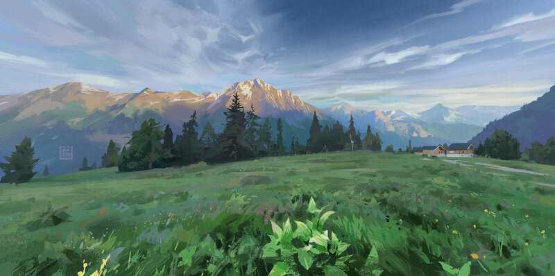 Mountain Valley Landscape — Green, Serene, Morning, Digital Art, Mountains, Trees