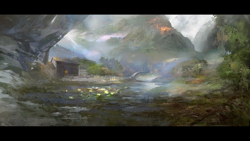 Mountain Valley Landscape — Green, Serene, Morning, Digital Art, River, Bridge