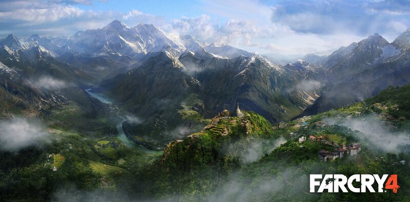Mountain Valley Landscape — Green, Serene, Morning, Digital Art, River, Temple