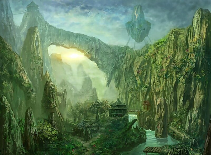 Mountain Valley Landscape — Green, Serene, Morning, Painting, Temple