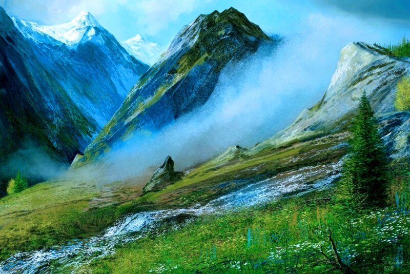 Mountain Valley Landscape — Green, Serene, Morning, Painting
