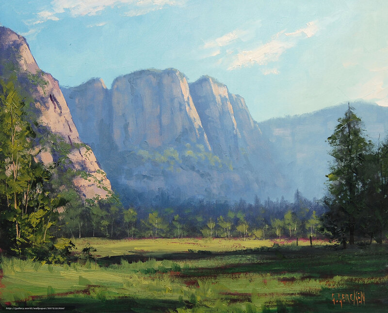 Mountain Valley Landscape — Green, Serene, Morning, Painting, Trees