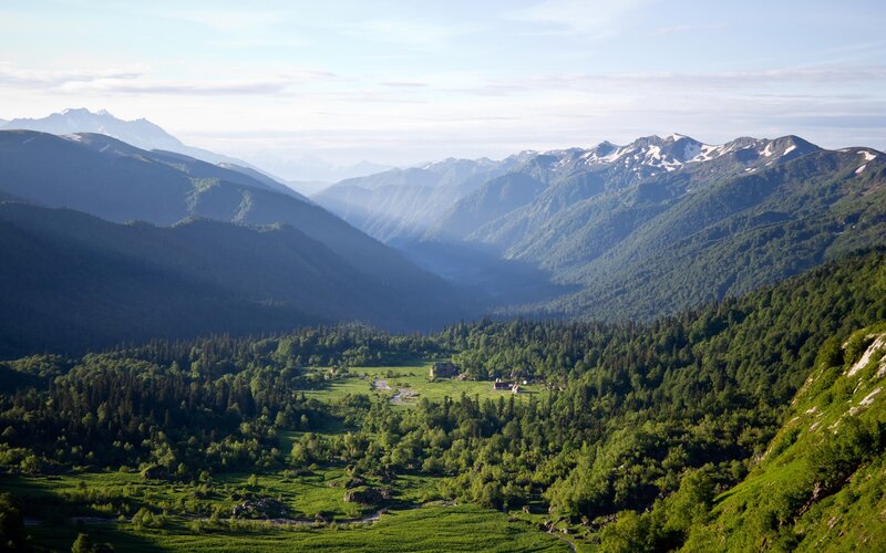 Mountain Valley Landscape — Green, Serene, Morning, Photograph, Forests