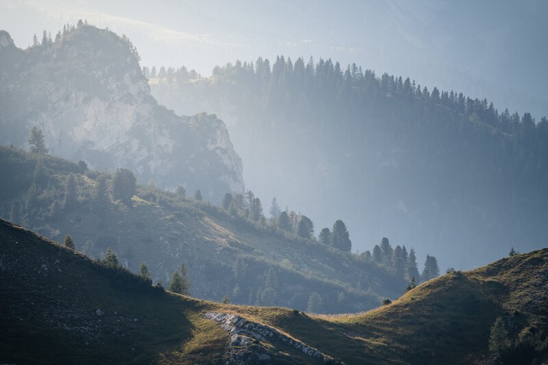 Mountain Valley Landscape — Green, Serene, Morning, Photograph, Hills