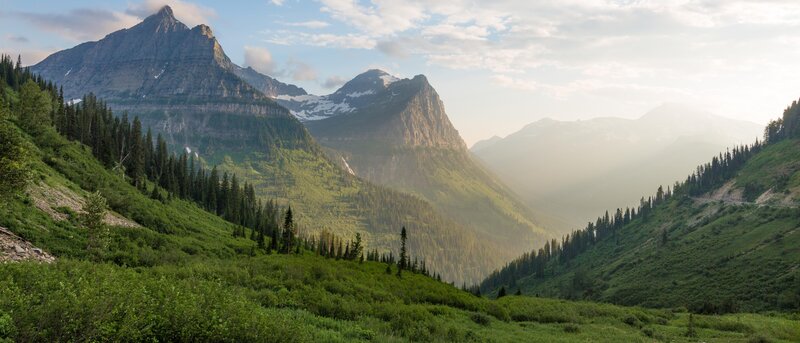 Mountain Valley Landscape — Green, Serene, Morning, Photograph, Mountains, Forests
