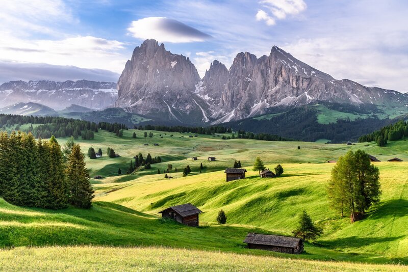 Mountain Valley Landscape — Green, Serene, Morning, Photograph, Mountains, Huts